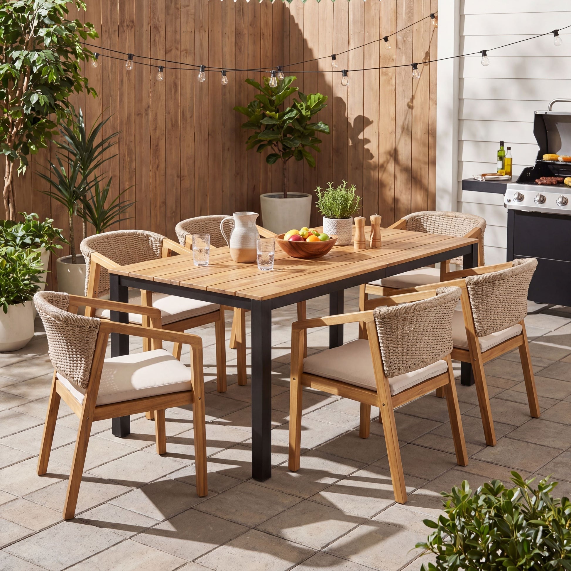 7-Piece Outdoor Dining Set with acacia wood table and 6 rope chairs, natural finish on Tampa Home & Garden Store