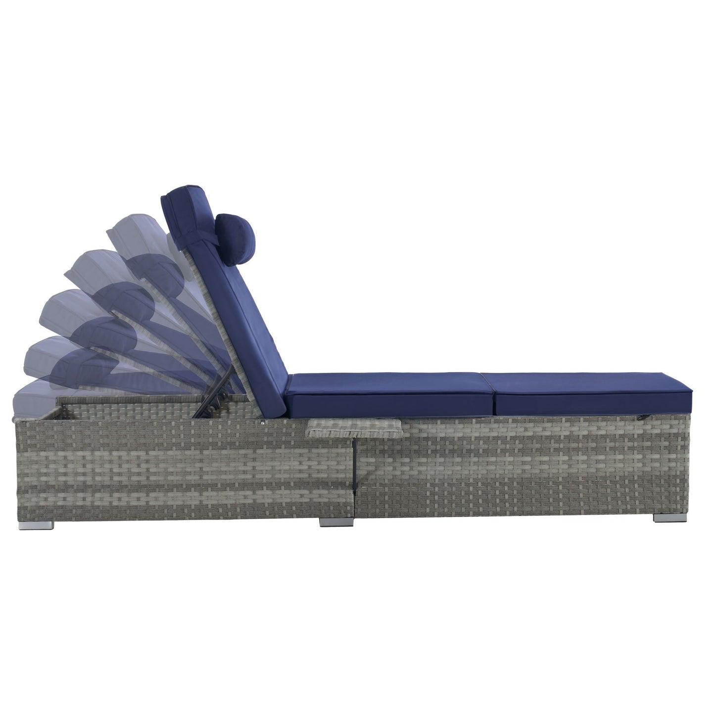 Outdoor chaise lounge by HouseOfZazla in gray PE rattan with blue cushions on Tampa Home & Garden Store
