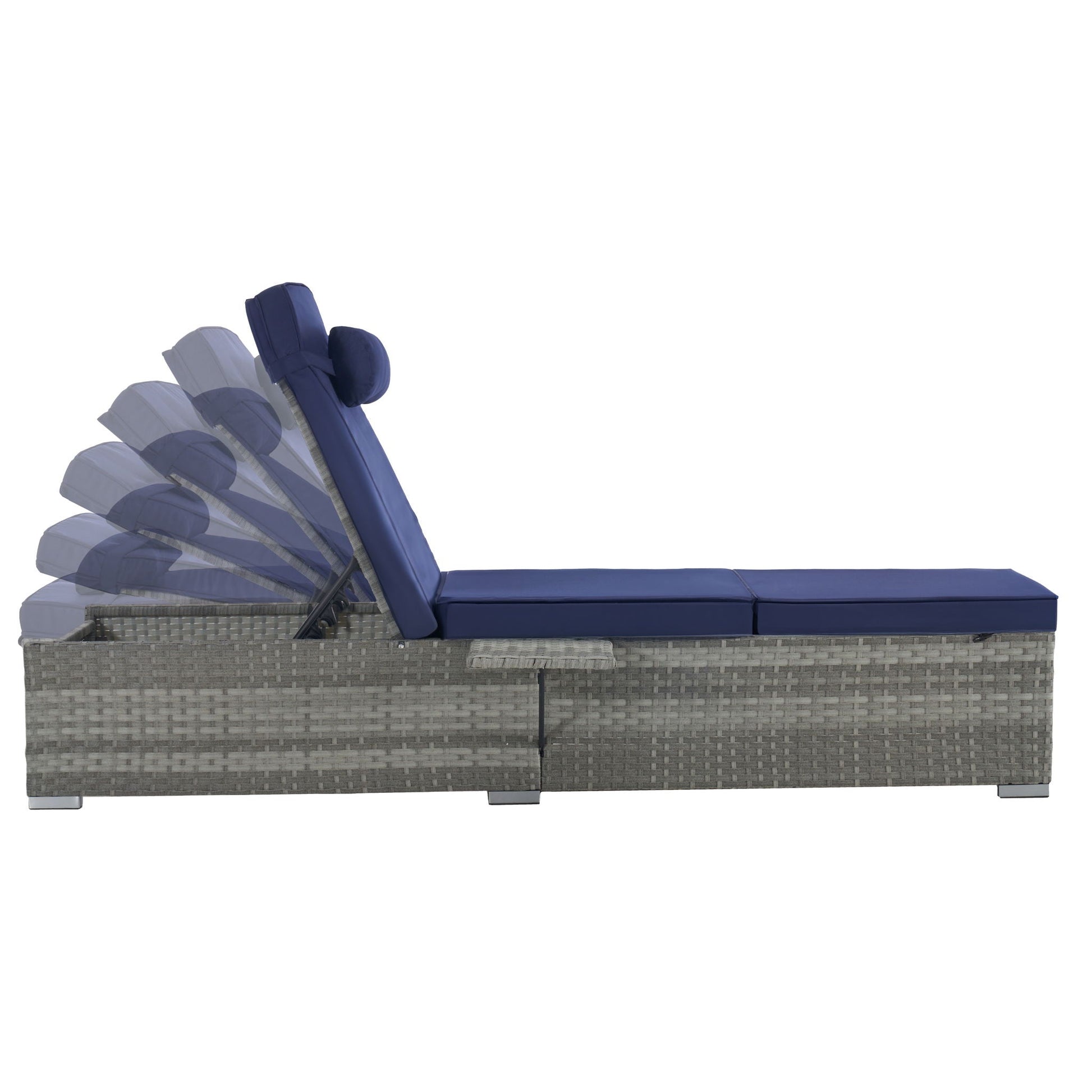 Outdoor chaise lounge by HouseOfZazla in gray PE rattan with blue cushions on Tampa Home & Garden Store