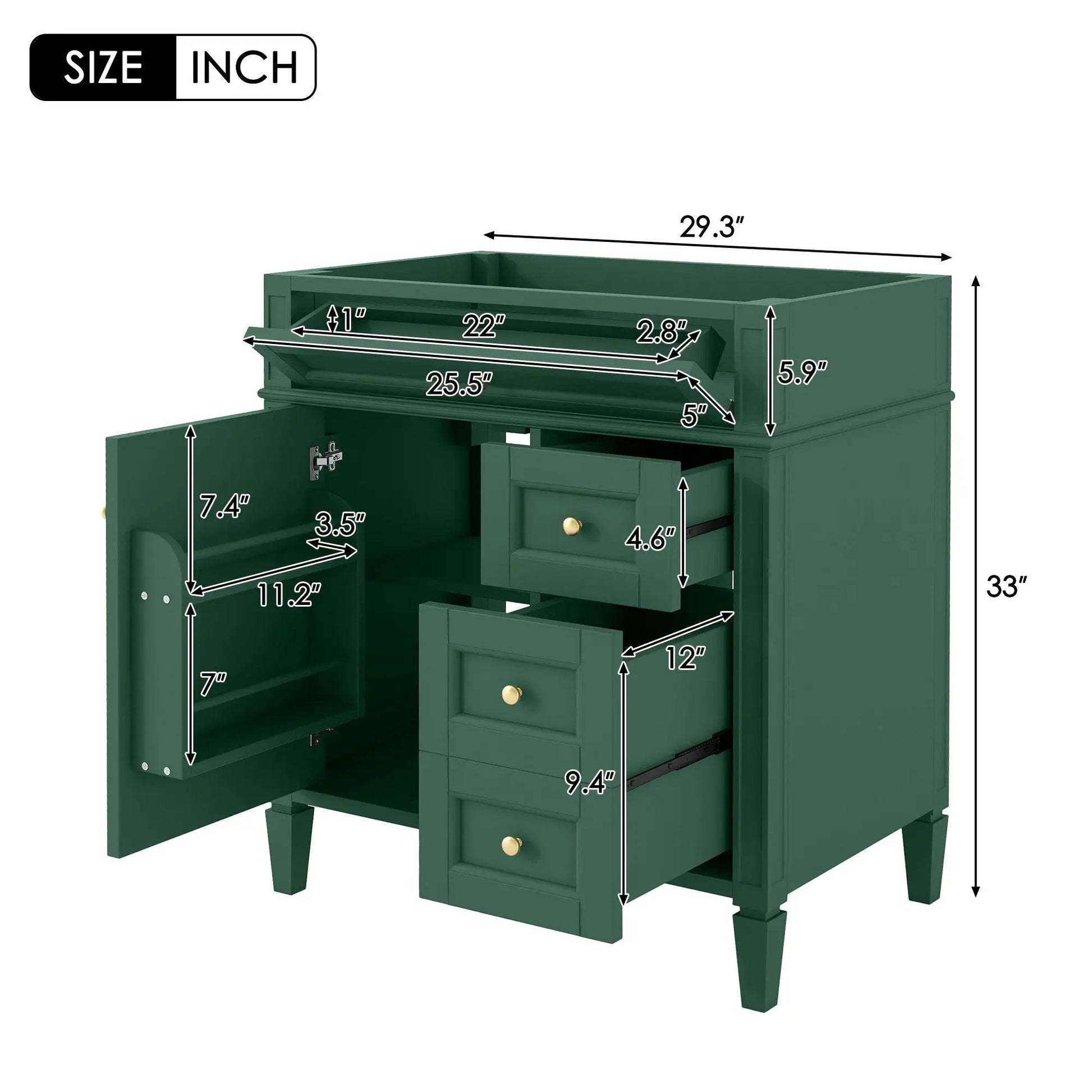 Green bathroom vanity base with two drawers and tip-out drawer on Tampa Home & Garden Store