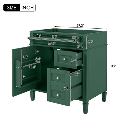 Green bathroom vanity base with two drawers and tip-out drawer on Tampa Home & Garden Store