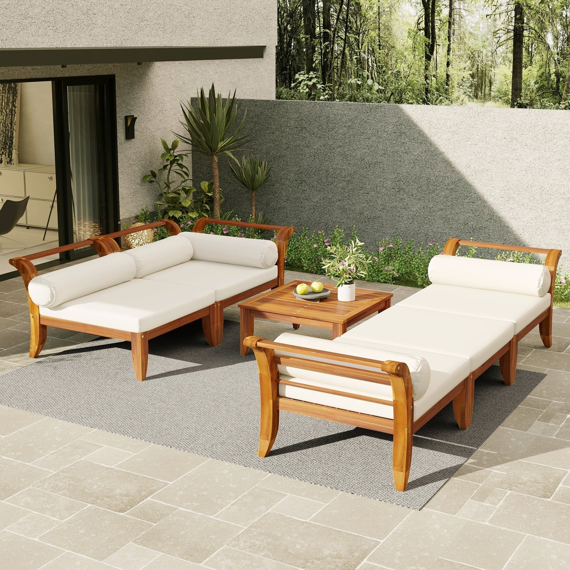 6 Piece Acacia Wood Outdoor Modular Sectional with Daybed & Tea Table, cushions HouseOfZazla on Tampa Home & Garden Store