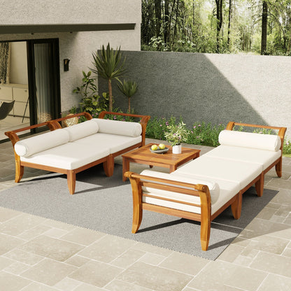 6 Piece Acacia Wood Outdoor Modular Sectional with Daybed & Tea Table, cushions HouseOfZazla on Tampa Home & Garden Store