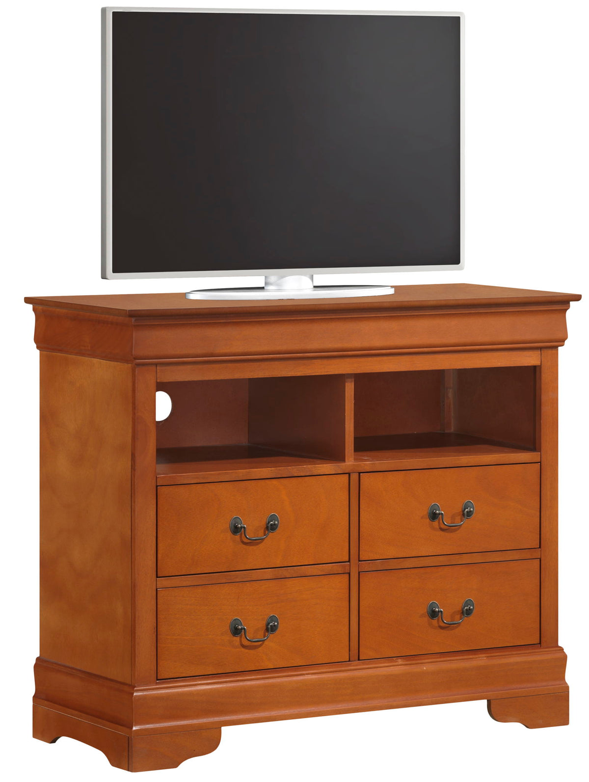 Media storage chest with open cubbies and four drawers in light brown wood finish on Tampa Home & Garden Store