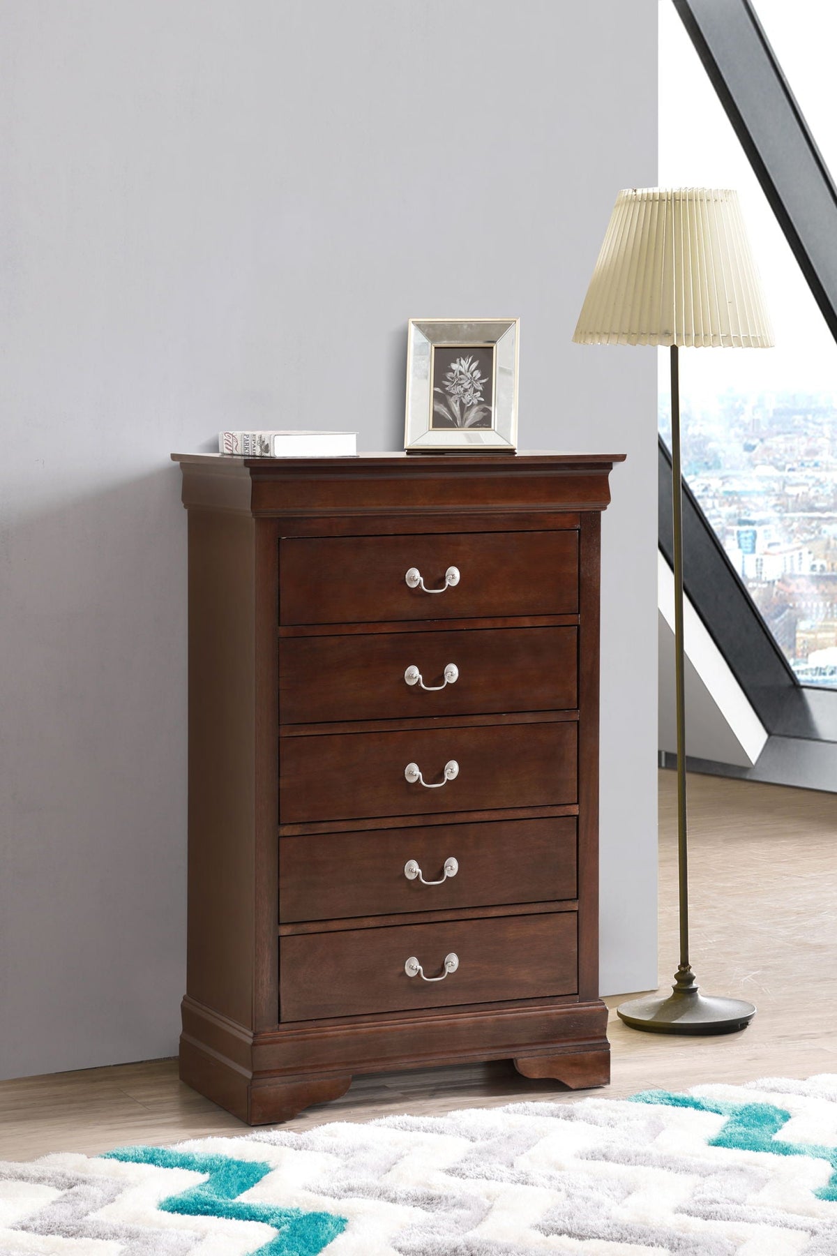 Classic Carved Accent Chest with English Dovetail Drawers, dark brown wood, 5-drawer accent dresser on Tampa Home & Garden Store