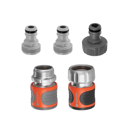 Premium hose connector set with two gray quick-connect adapters and gray Gardena coupling on Tampa Home & Garden Store