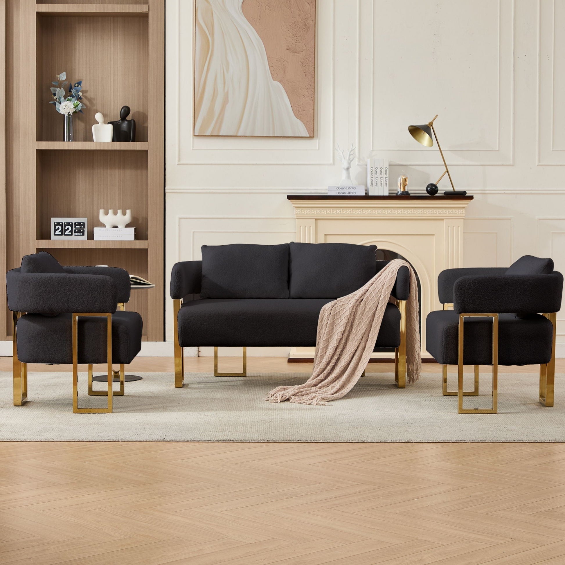Decorative side chairs, set of 3 black upholstered arm chairs with gold legs for living room on Tampa Home & Garden Store