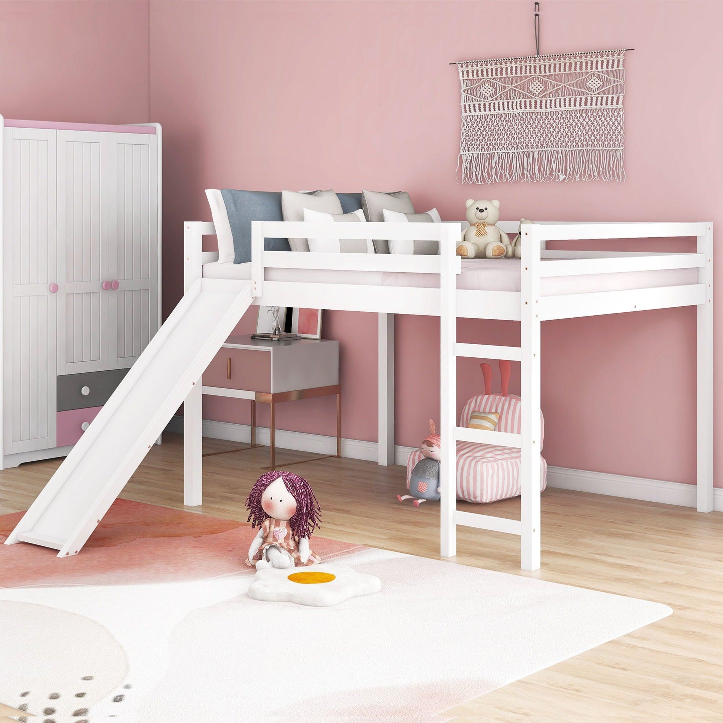 White Solid Wood Full Size Loft Bed and Slide