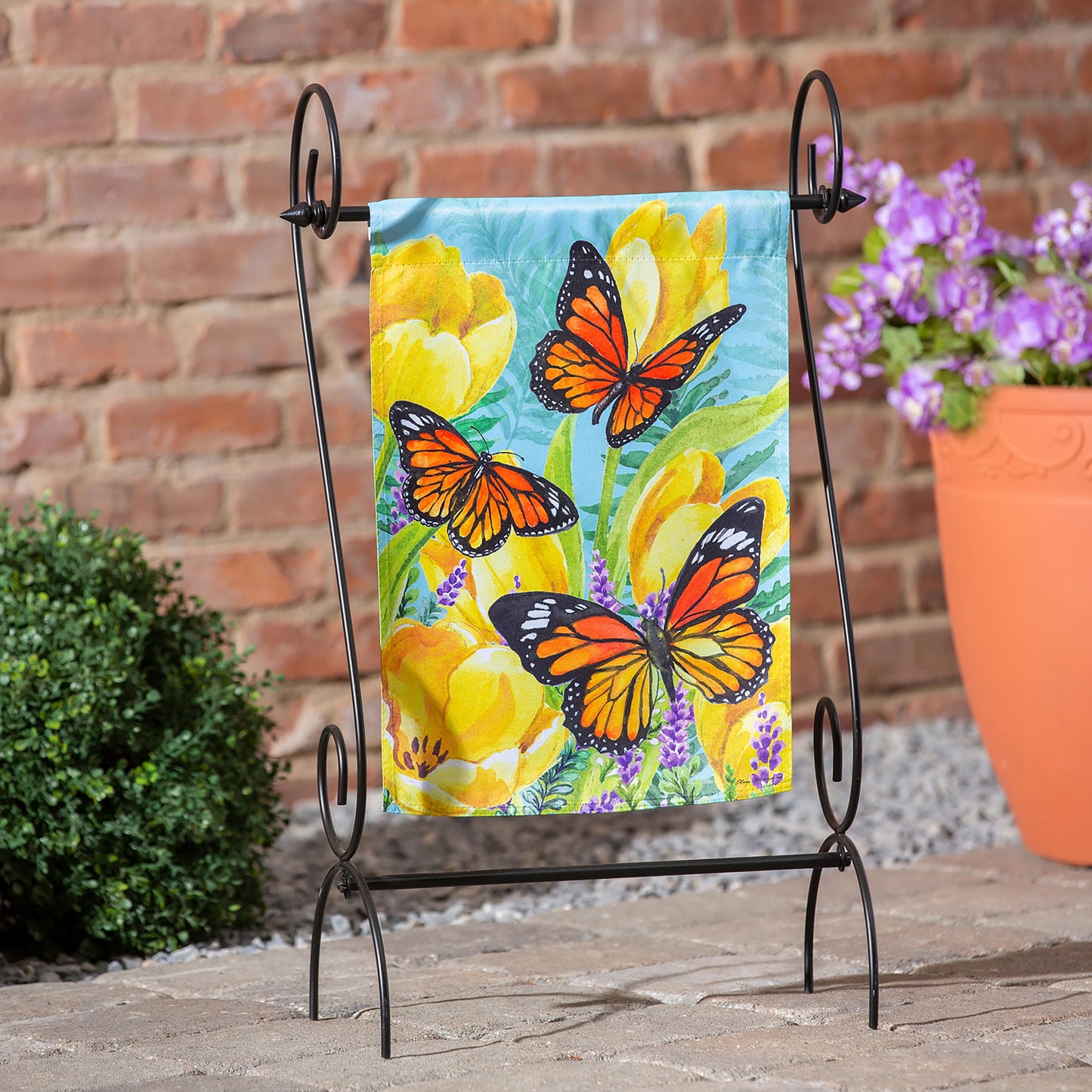 Tulip and Butterfly Garden Suede Flag with monarchs and bright blooms by Evergreen Enterprises on Tampa Home & Garden Store