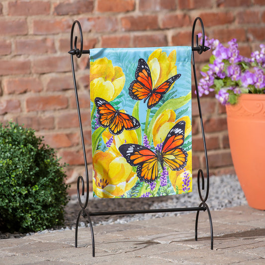 Tulip and Butterfly Garden Suede Flag with monarchs and bright blooms by Evergreen Enterprises on Tampa Home & Garden Store