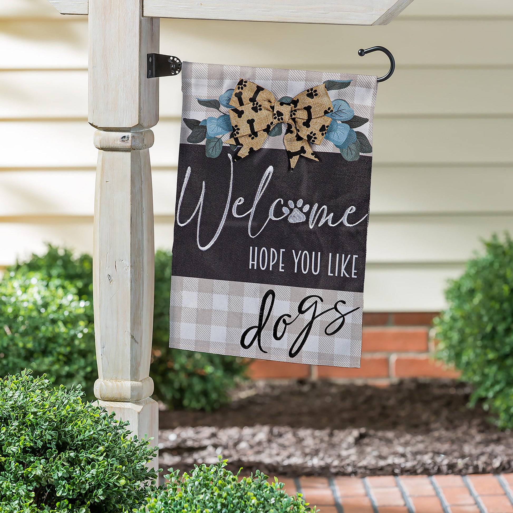 Dogs and Checks Garden Burlap Flag by Evergreen Enterprises, plaid paw-print bow on Tampa Home & Garden Store
