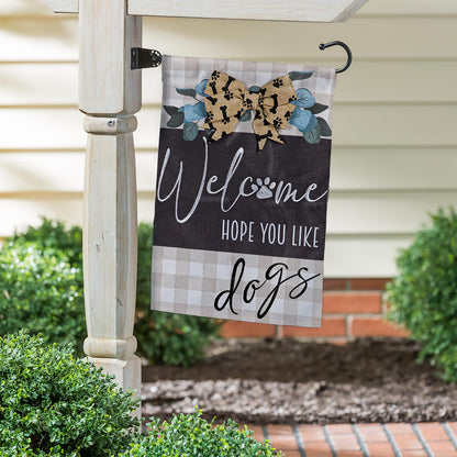 Dogs and Checks Garden Burlap Flag by Evergreen Enterprises, plaid paw-print bow on Tampa Home & Garden Store