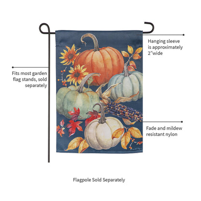 All Things Pumpkins Suede Garden Flag by Evergreen Enterprises, blue flag with pumpkins on Tampa Home & Garden Store