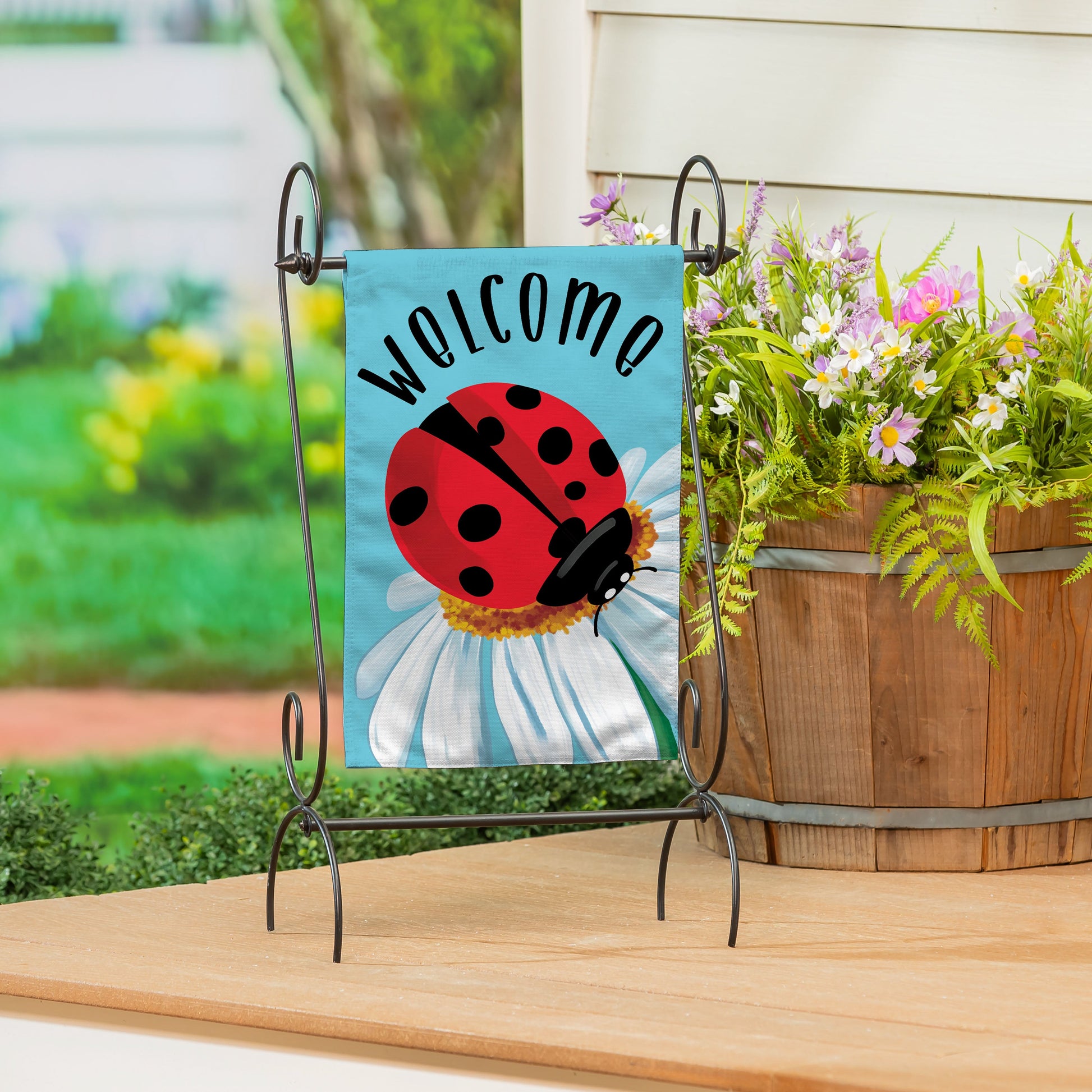 Simple Life Ladybug Burlap Garden Flag blue background with red ladybug and Welcome text on Tampa Home & Garden Store