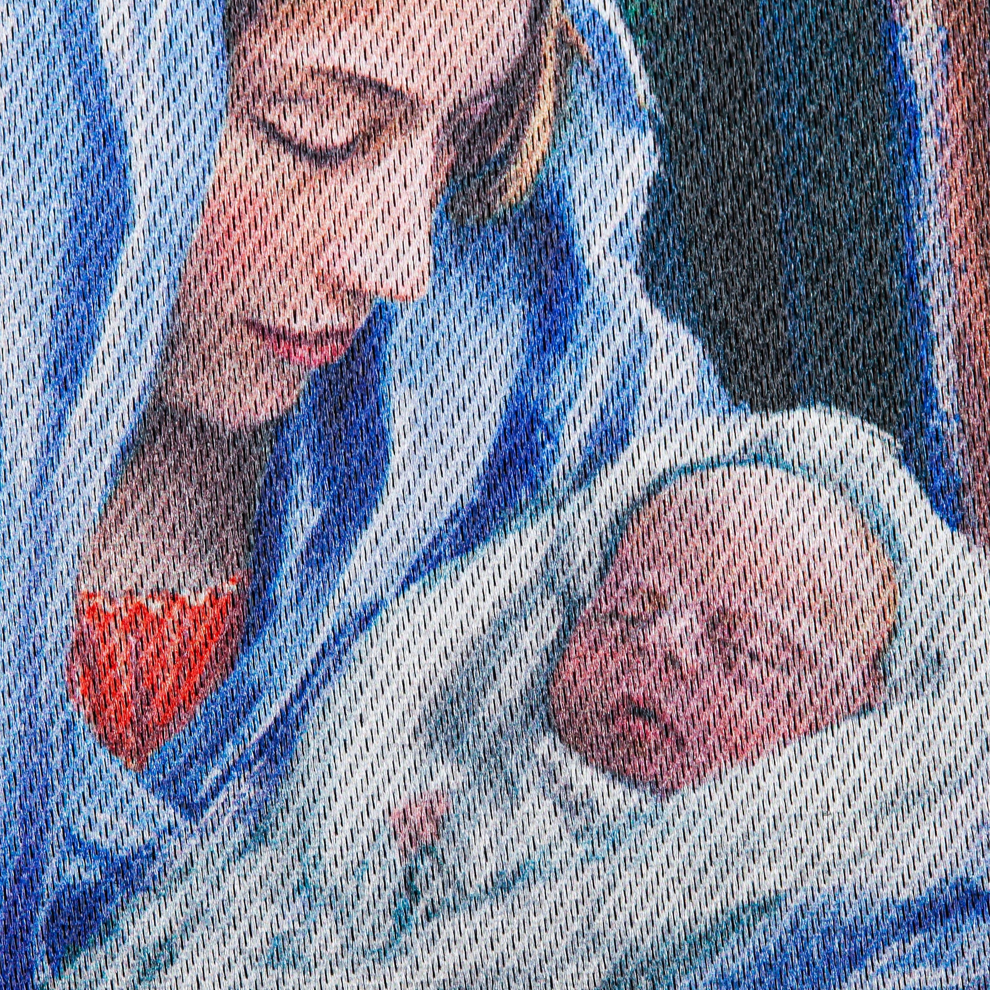 Holy Night Nativity Garden Lustre Flag close-up of a nativity figure wearing blue robes on Tampa Home & Garden Store