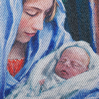 Holy Night Nativity Garden Lustre Flag close-up of a nativity figure wearing blue robes on Tampa Home & Garden Store