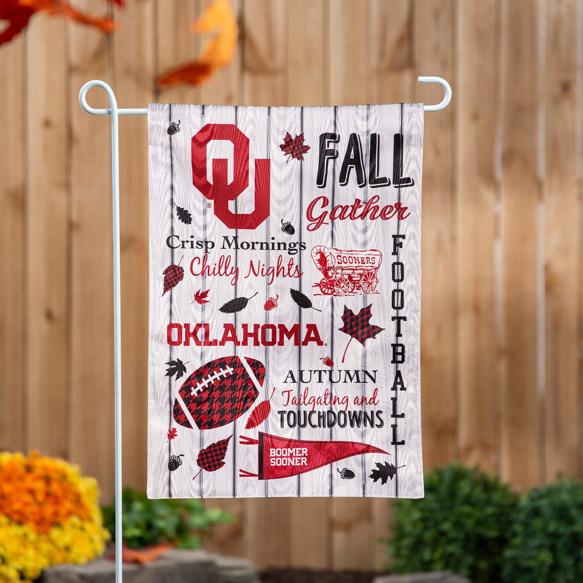 OU Moire Flag with fall graphics and red OKLAHOMA text on wood backdrop on Tampa Home & Garden Store