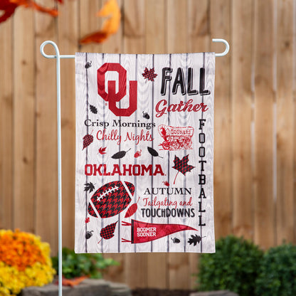 OU Moire Flag with fall graphics and red OKLAHOMA text on wood backdrop on Tampa Home & Garden Store