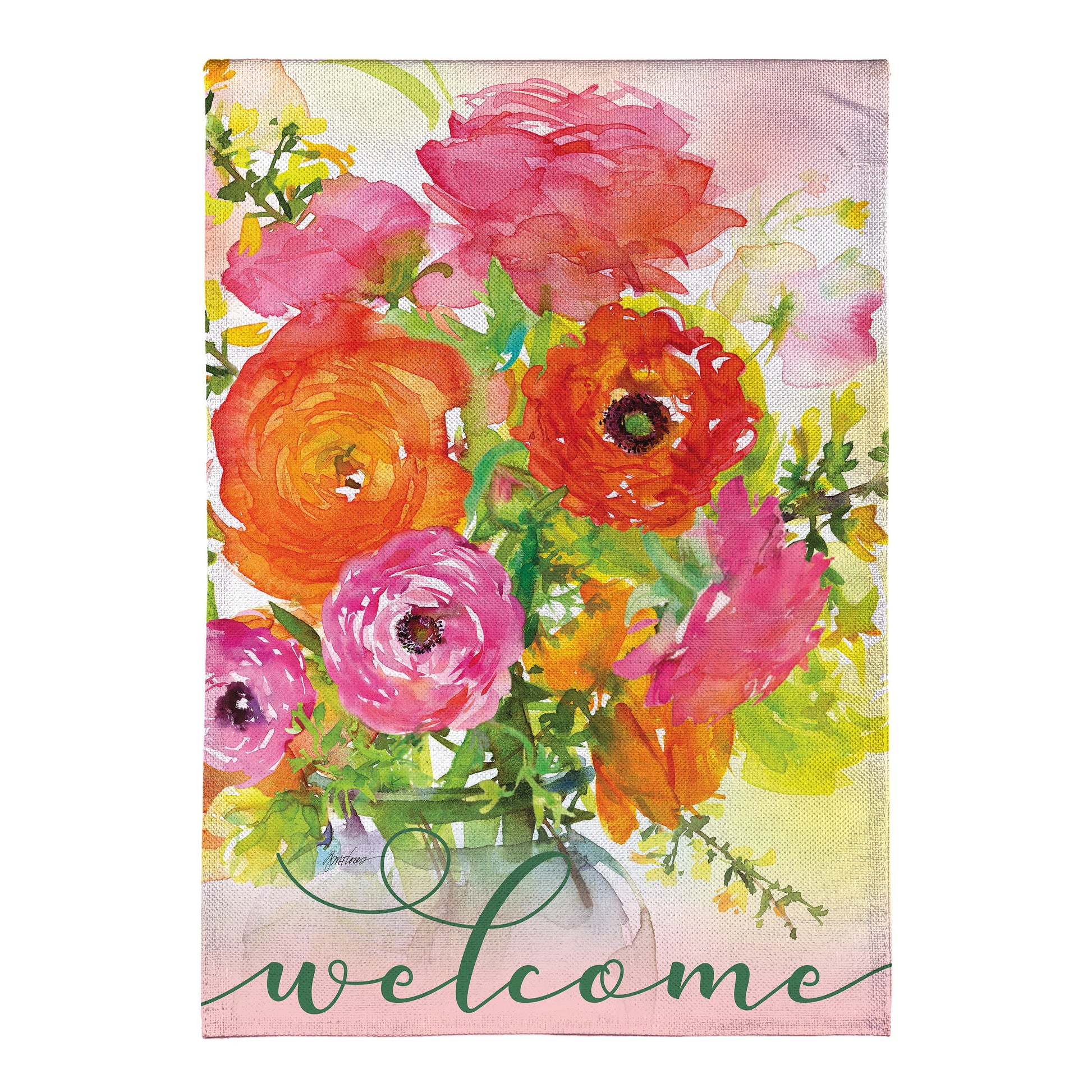 Ronunculus Welcome Burlap Garden Flag bright pink orange floral bouquet on Tampa Home & Garden Store