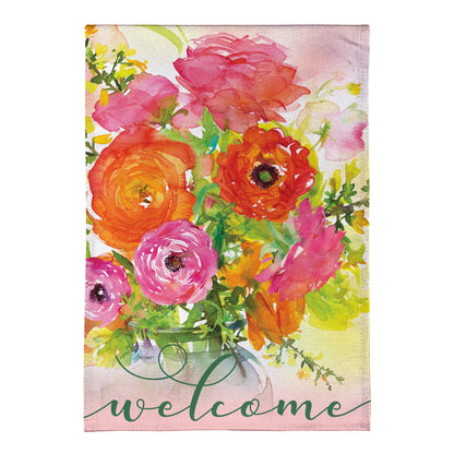 Ronunculus Welcome Burlap Garden Flag bright pink orange floral bouquet on Tampa Home & Garden Store