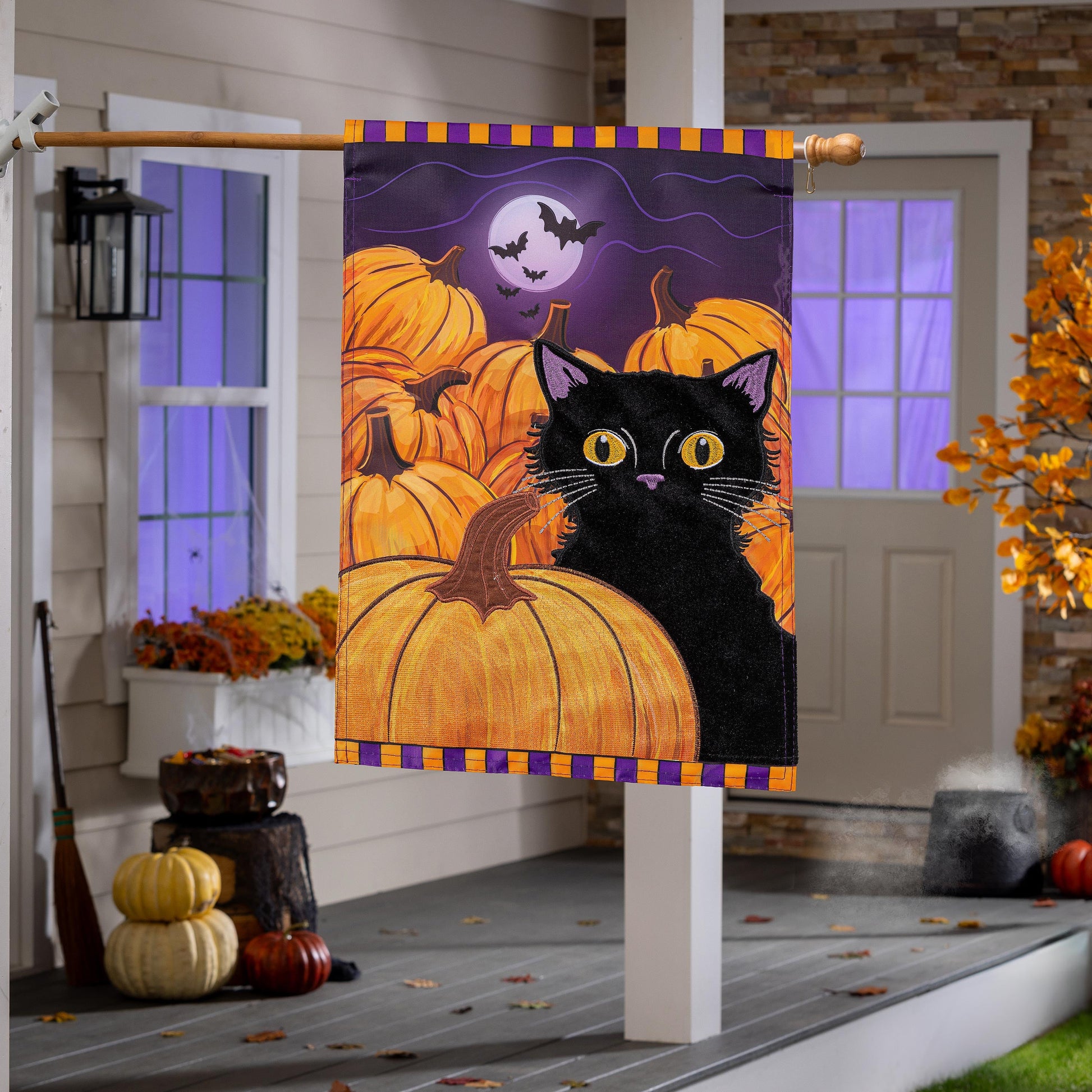 Pumpkin Patch Cat Applique House Flag with orange pumpkins, purple night sky, and a black cat on Tampa Home & Garden Store