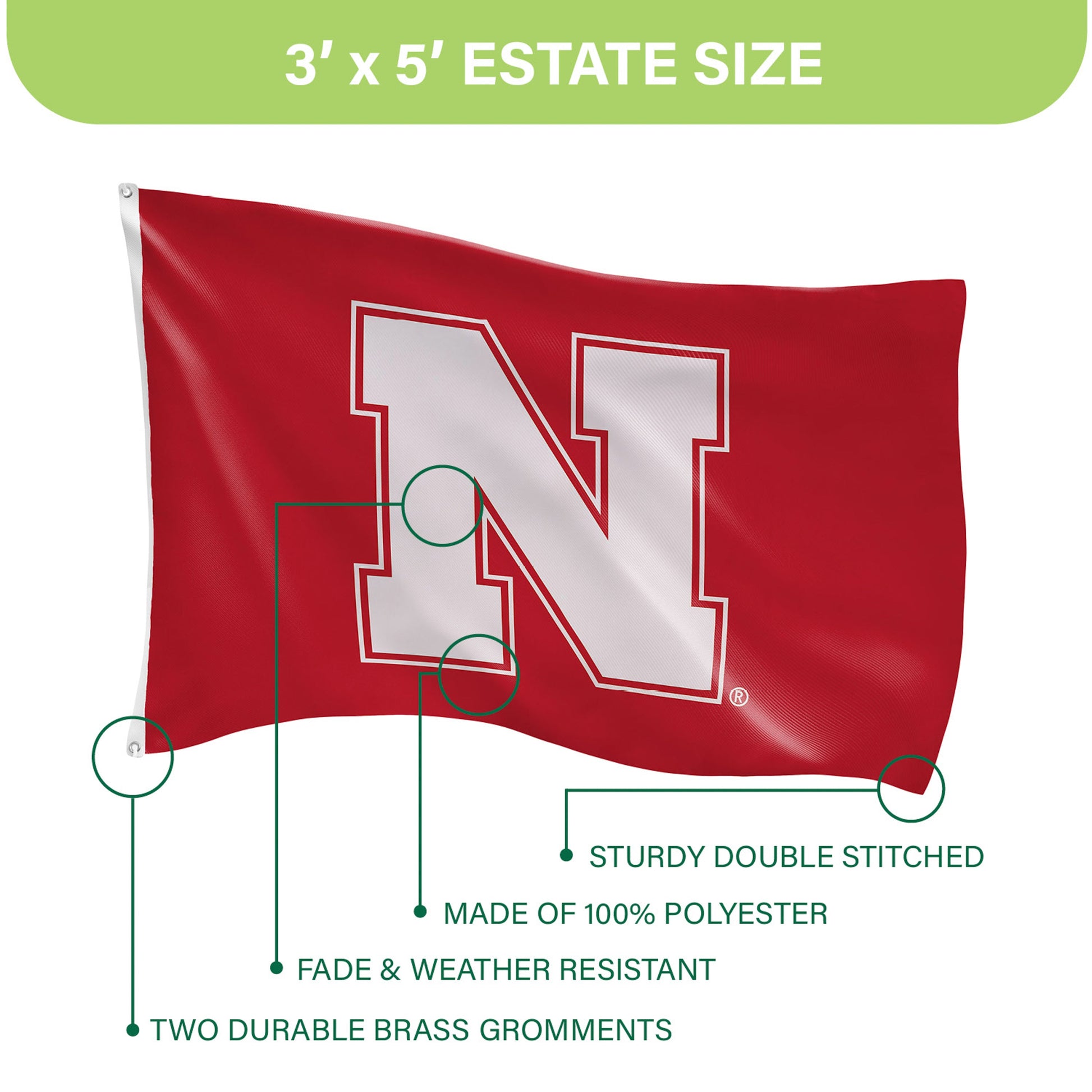 University of Nebraska 3x5 estate flag single-sided red polyester with white N, 2 brass grommets on Tampa Home & Garden Store