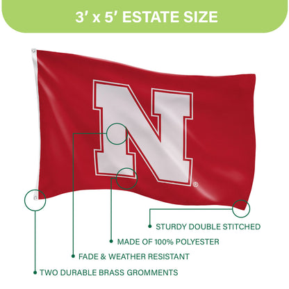 University of Nebraska 3x5 estate flag single-sided red polyester with white N, 2 brass grommets on Tampa Home & Garden Store