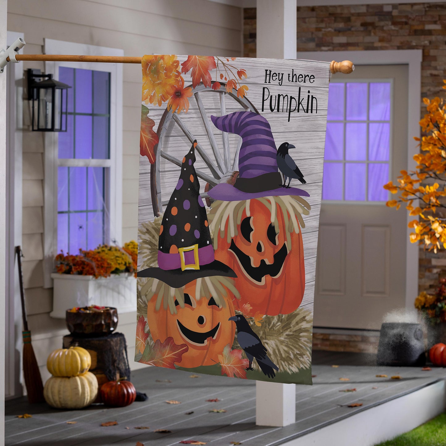 Couple Of Jacks Pumpkin suede house flag with orange pumpkins, autumn leaves and a purple witch hat on Tampa Home & Garden Store