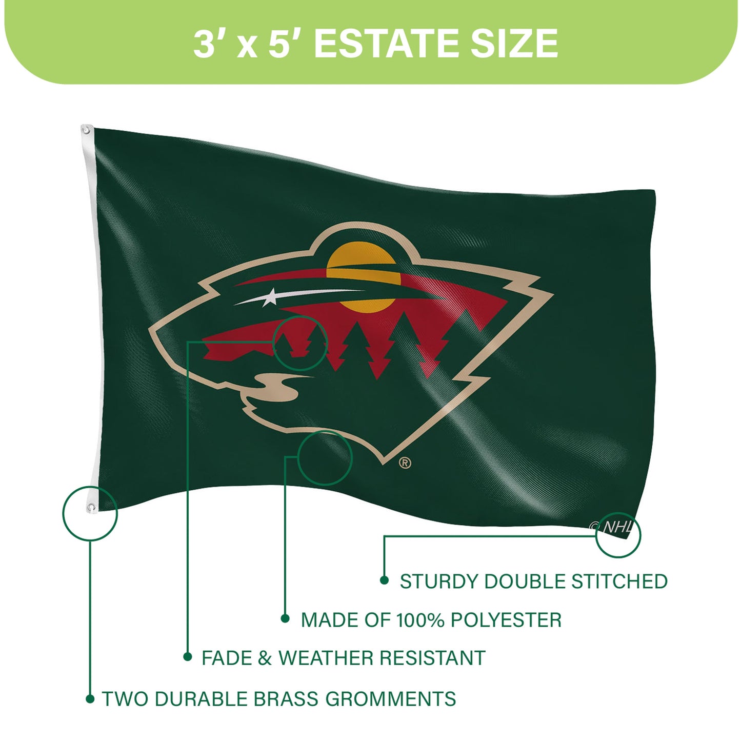 Minnesota Wild flag, single-sided 3x5, with 2 grommets, sublimated by Evergreen Enterprises on Tampa Home & Garden Store
