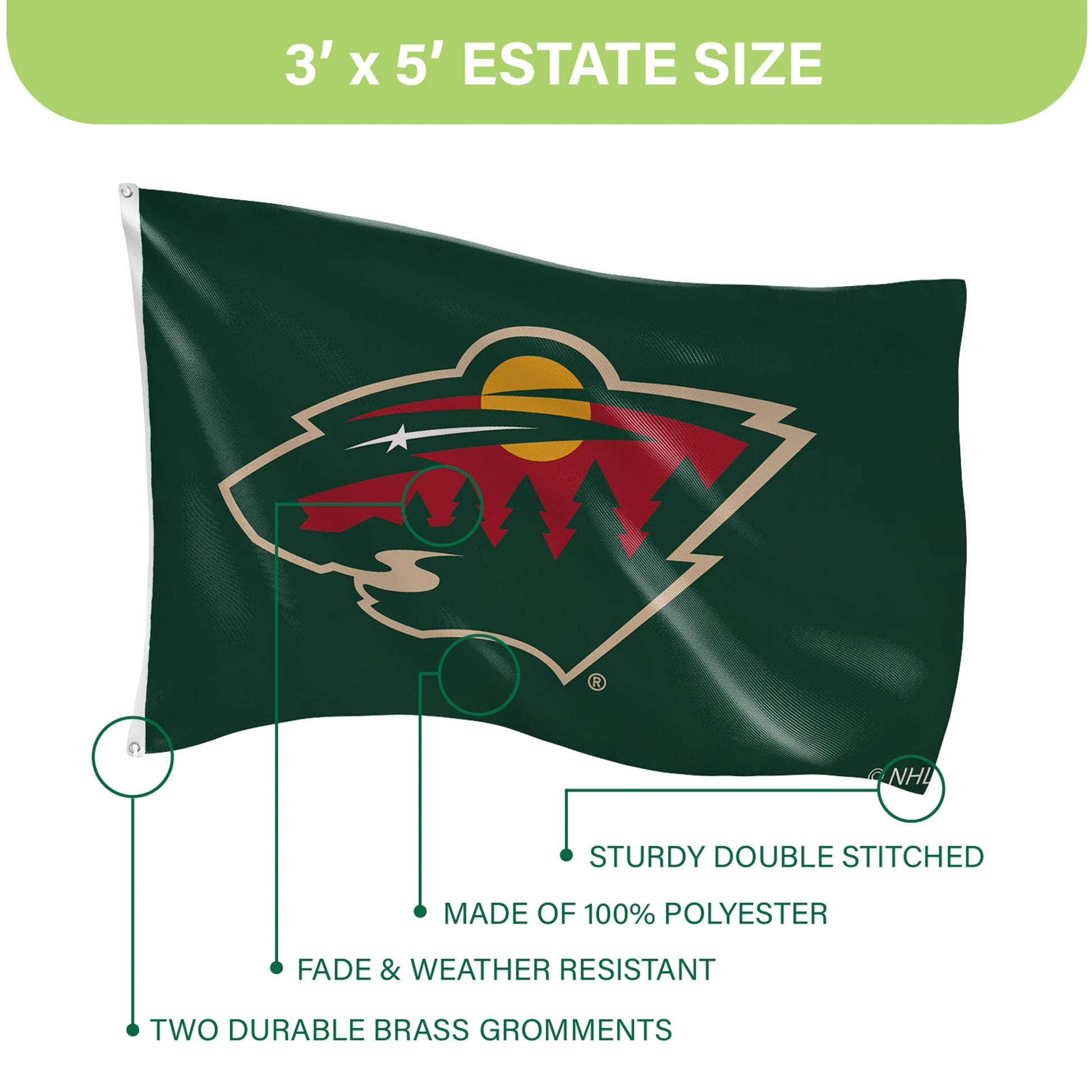 Minnesota Wild flag, single-sided 3x5, with 2 grommets, sublimated by Evergreen Enterprises on Tampa Home & Garden Store