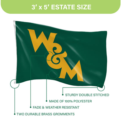 William & Mary 3x5 single-sided flag in dark green with gold W&M monogram, 2 brass grommets on Tampa Home & Garden Store