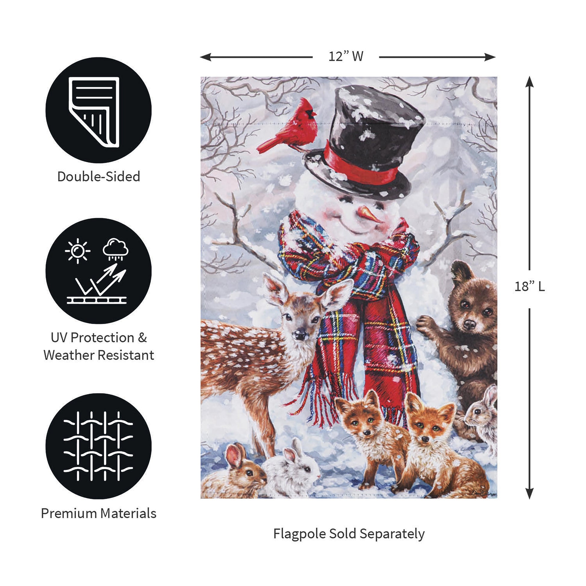 Forest Friends suede garden flag featuring a snowman with red scarf and woodland animals on Tampa Home & Garden Store