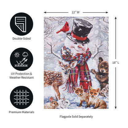 Forest Friends suede garden flag featuring a snowman with red scarf and woodland animals on Tampa Home & Garden Store