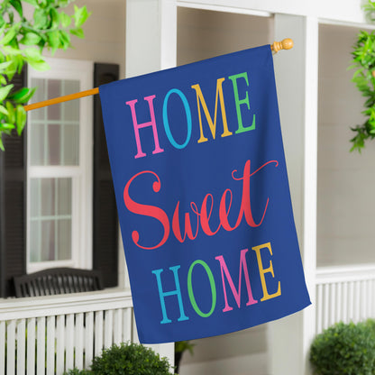Home Sweet Home basic applique house flag in blue on a wooden pole on Tampa Home & Garden Store