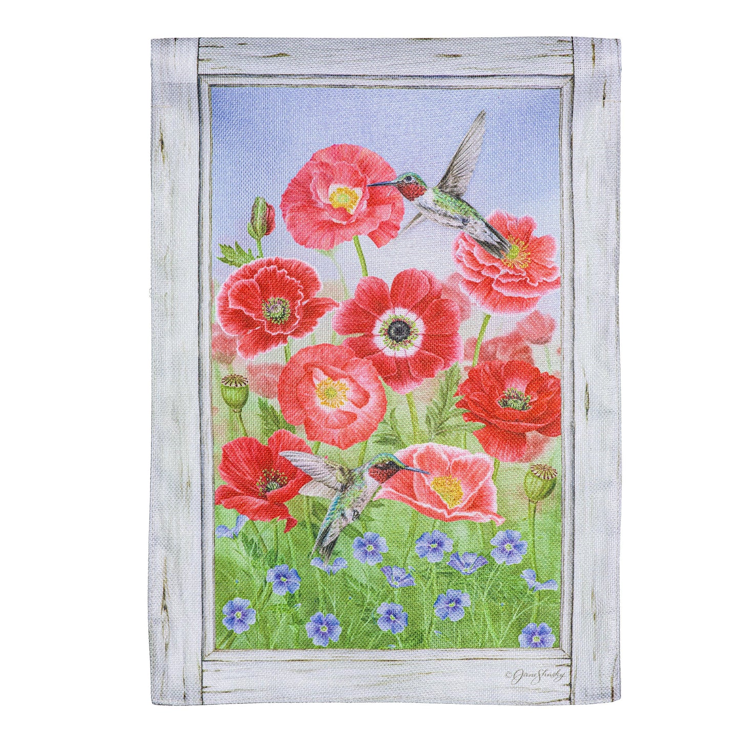 Poppy's and Hummingbirds Burlap Garden Flag with red poppies and a hummingbird on frame on Tampa Home & Garden Store