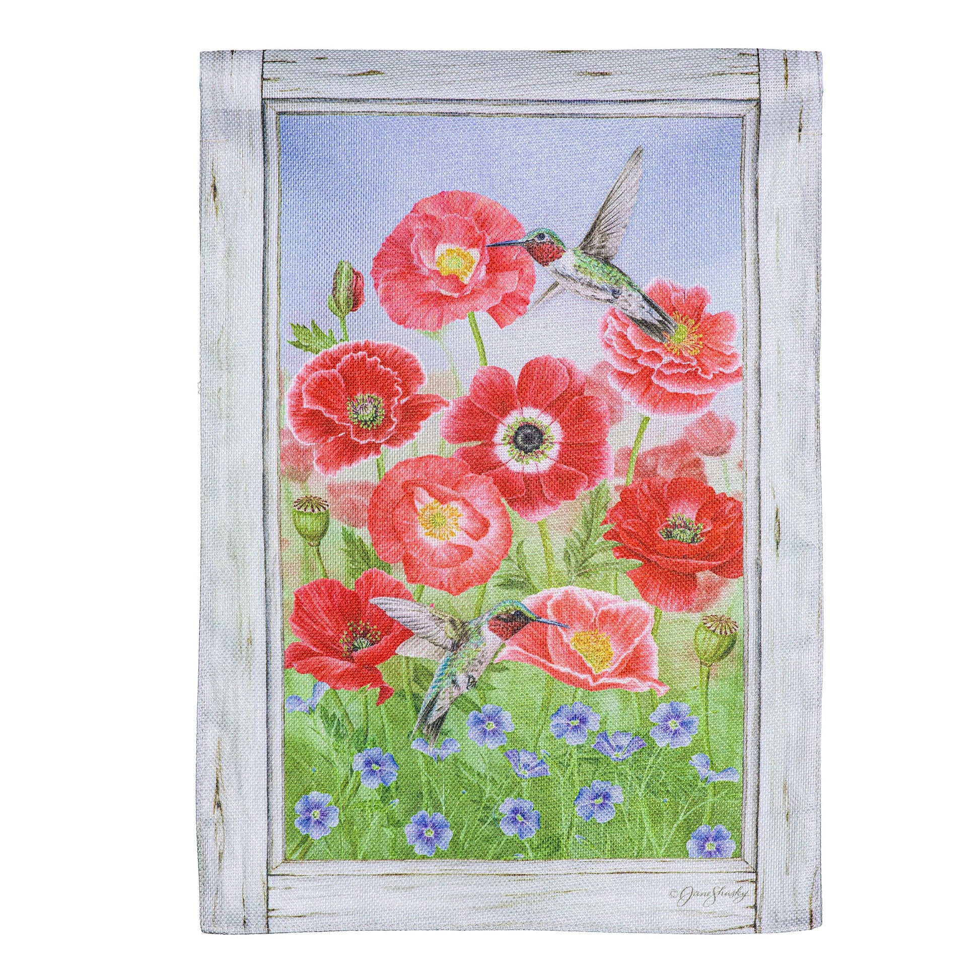 Poppy's and Hummingbirds Burlap Garden Flag with red poppies and a hummingbird on frame on Tampa Home & Garden Store