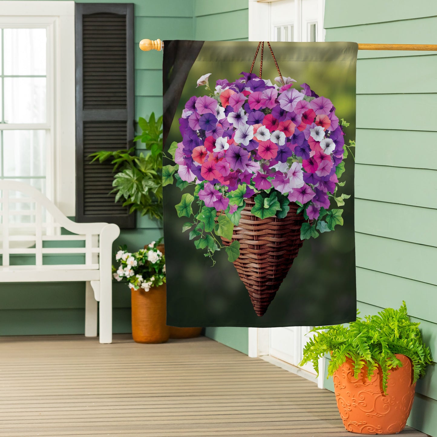 Petunia Basket Suede House Flag; floral, Evergreen Enterprises - Wholesale Collective flag on Tampa Home & Garden Store