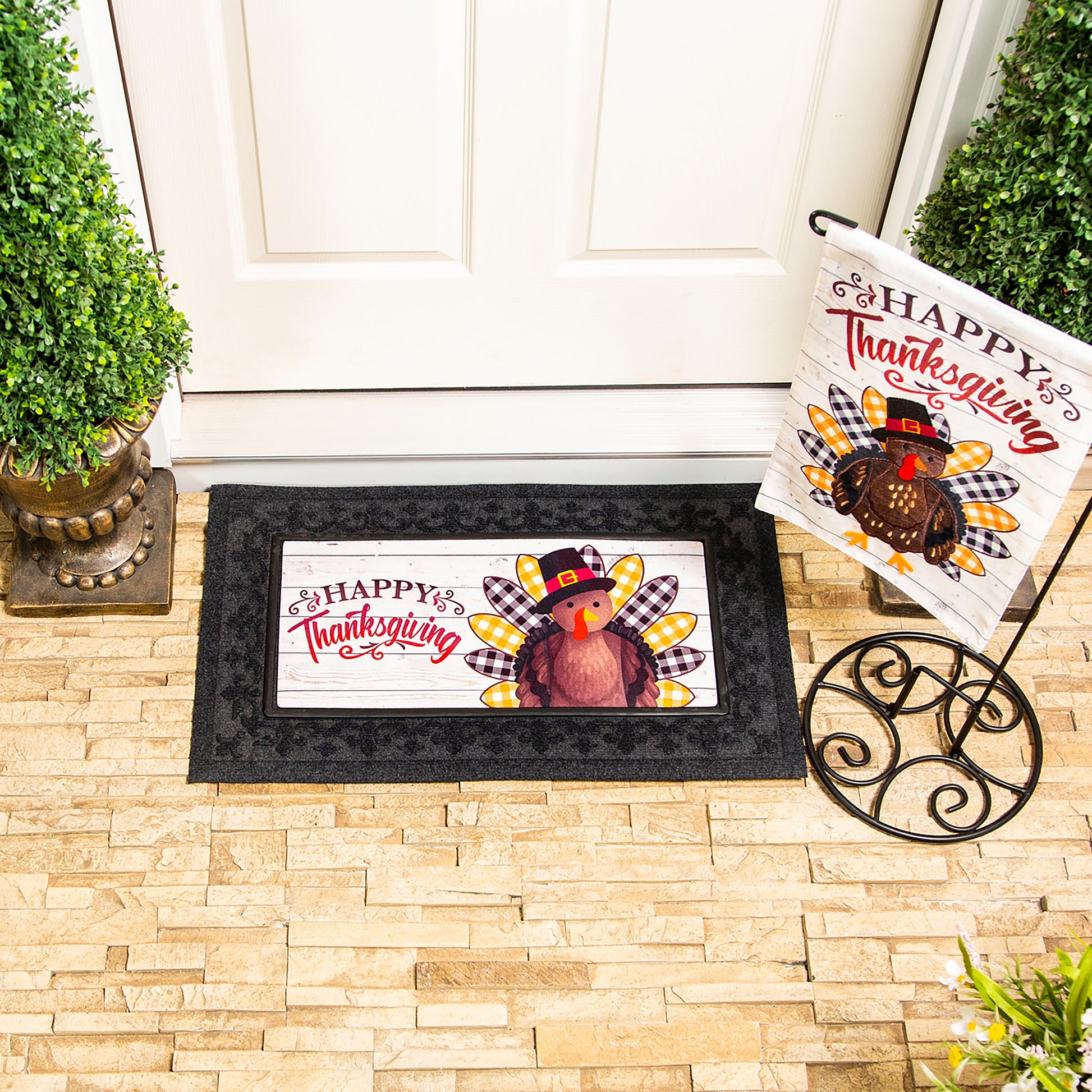 Pilgrim Turkey Burlap Flag with Happy Thanksgiving design, cream burlap on Tampa Home & Garden Store