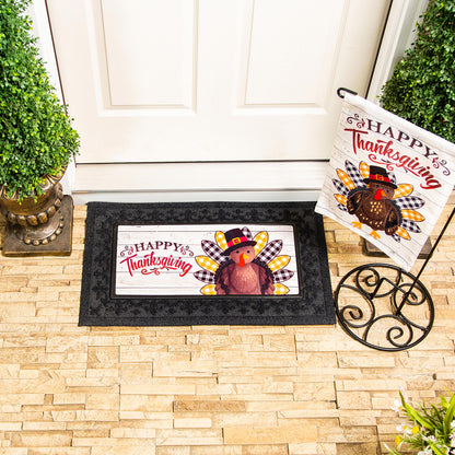 Pilgrim Turkey Burlap Flag with Happy Thanksgiving design, cream burlap on Tampa Home & Garden Store