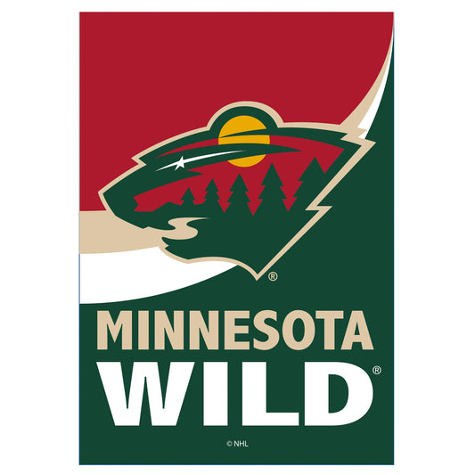 Minnesota Wild burlap flag house size with red field and green logo Evergreen Enterprises on Tampa Home & Garden Store