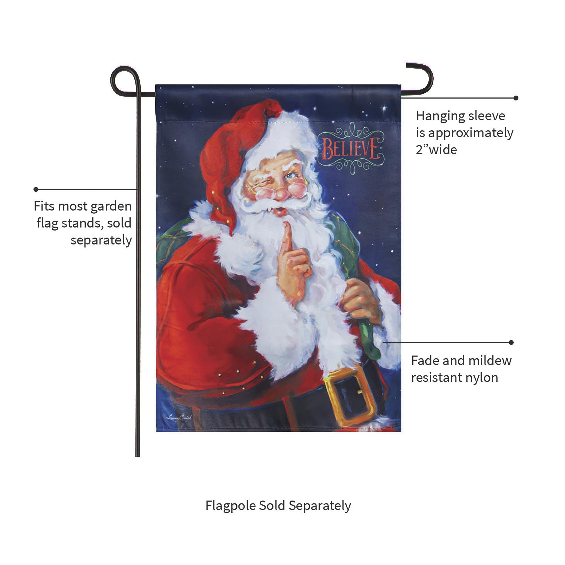 Believe Suede Garden Flag Santa navy backdrop by Evergreen Enterprises - Wholesale Collective on Tampa Home & Garden Store