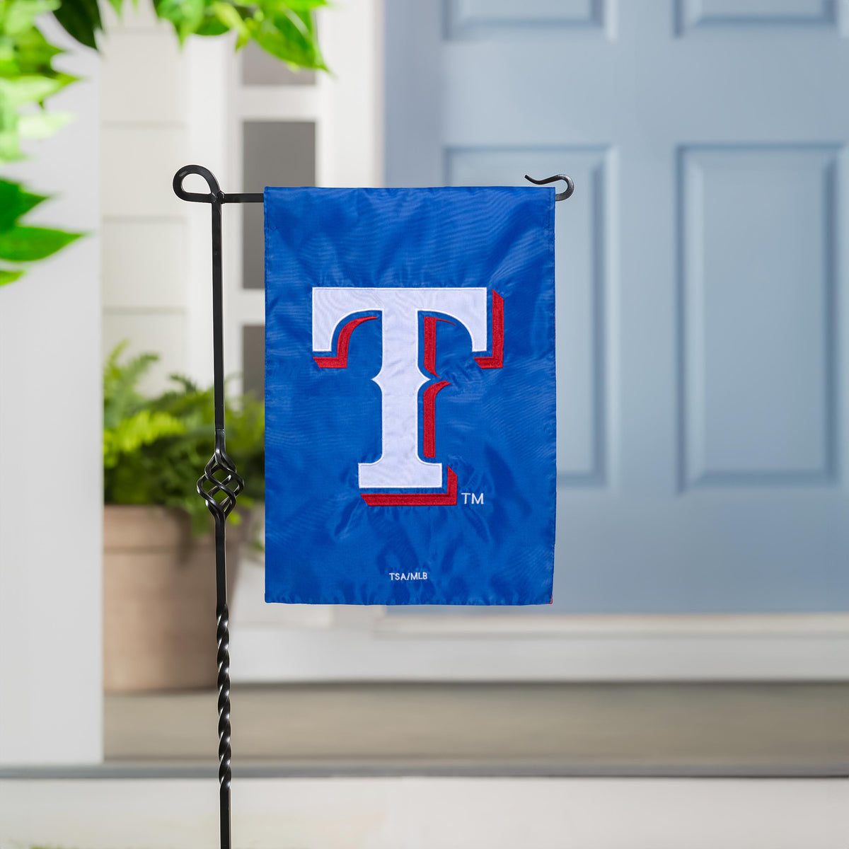 Texas Rangers applique flag blue with white shield, red trim, Evergreen Enterprises flag on Tampa Home & Garden Store