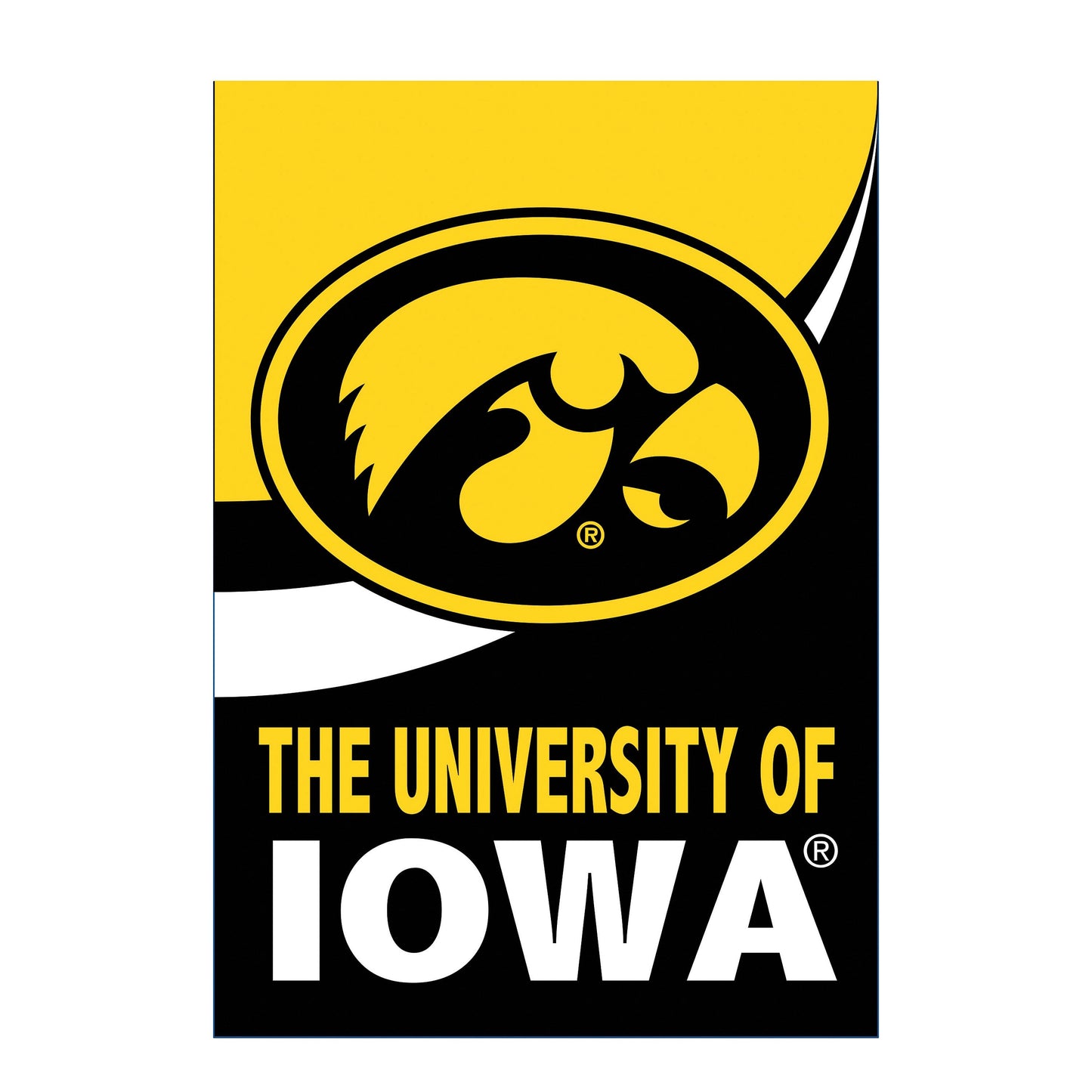 University of Iowa burlap flag with black Hawkeye emblem on yellow field and IOWA text on Tampa Home & Garden Store