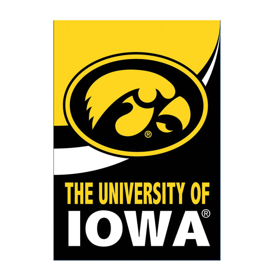 University of Iowa burlap flag with black Hawkeye emblem on yellow field and IOWA text on Tampa Home & Garden Store