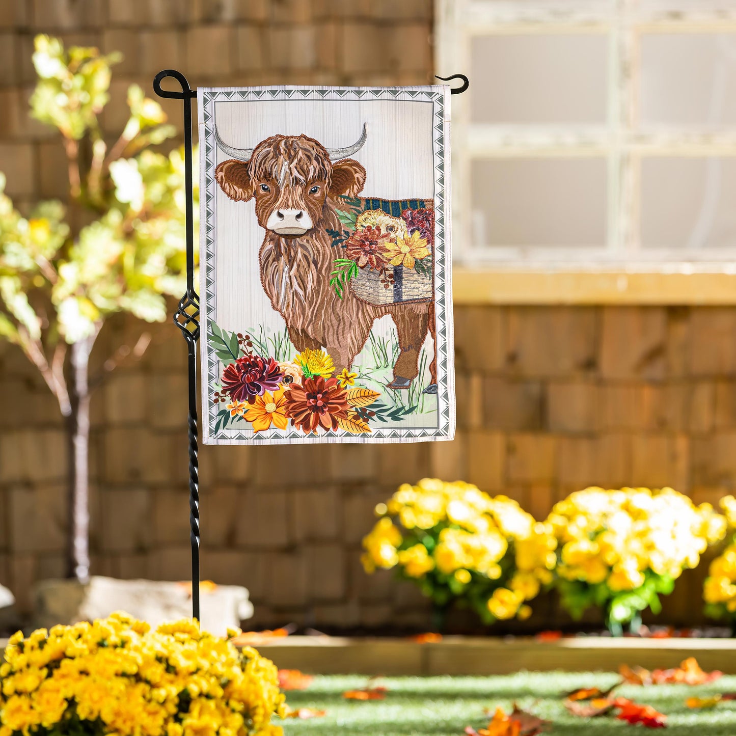Highland Cow Fall Floral Applique Garden Flag brown cow with autumn blooms on Tampa Home & Garden Store