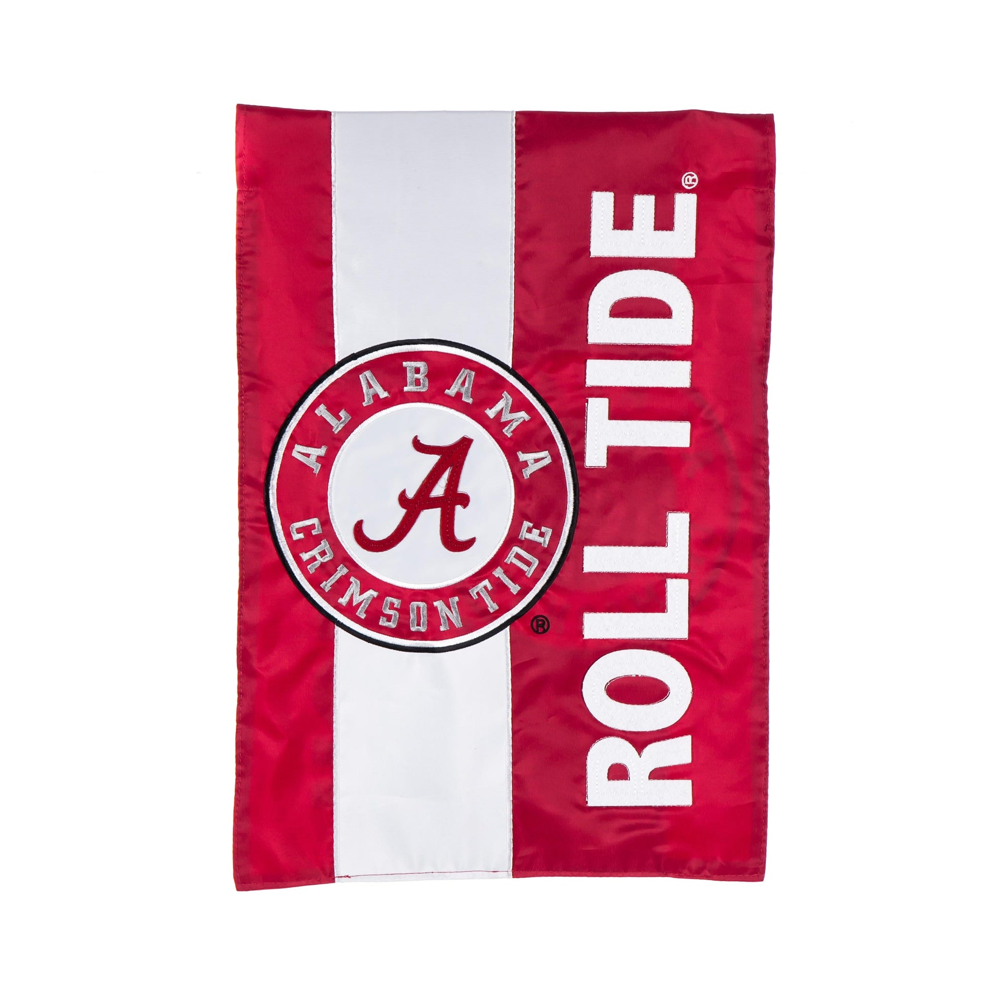 University of Alabama garden flag, red applique flag with white stripe and Alabama emblem on Tampa Home & Garden Store