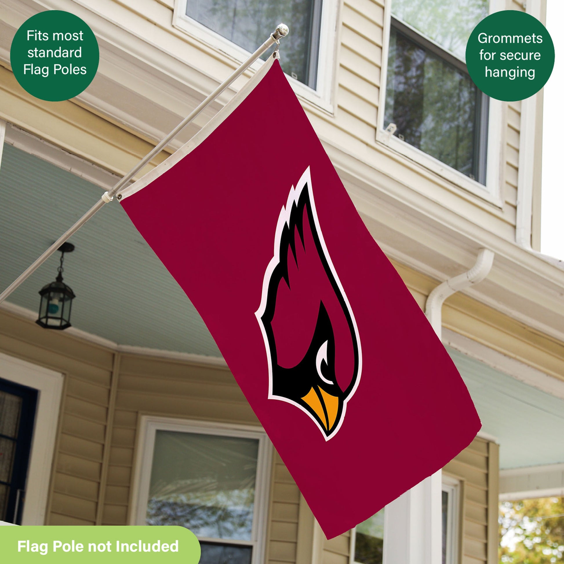 Arizona Cardinals 3x5 sublimated flag with 2 grommets for outdoor display, Cardinals logo on Tampa Home & Garden Store