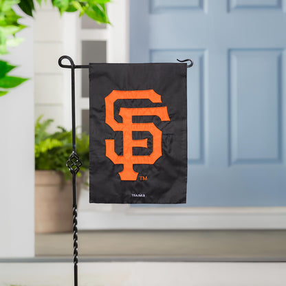 San Francisco Giants applique garden flag on black with orange SF logo on Tampa Home & Garden Store