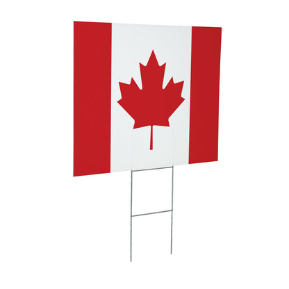 Canada Strong True North yard sign flag with maple leaf mounted on two metal stakes on Tampa Home & Garden Store
