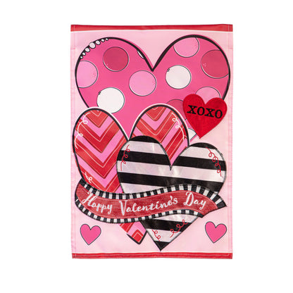 Happy Valentine's Day Sweethearts Applique Garden Flag pink with heart appliques and XOXO on Tampa Home & Garden Store